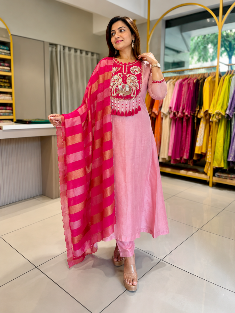 Rose Petal Embroidered Suit Set With Dupatta