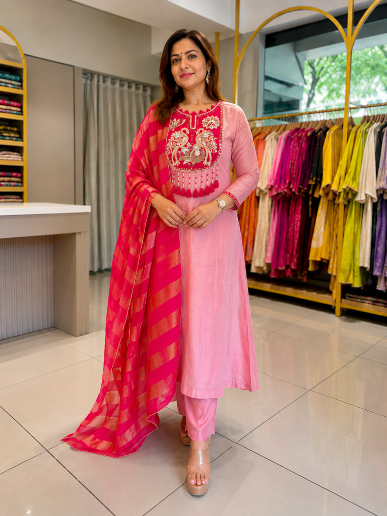 Rose Petal Embroidered Suit Set With Dupatta