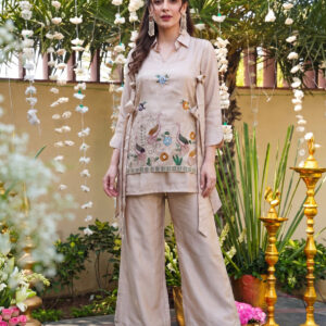Cream Viscose Embroidered Kurta Pant Set