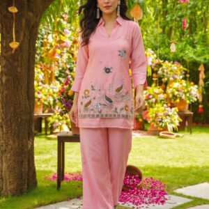 Peach Viscose Embroidered Kurta Pant Set