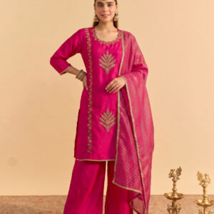 Pink Silk Blend Embroidered Suit Set