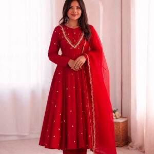 Red Embroidered Anarkali Kurta Pant Set