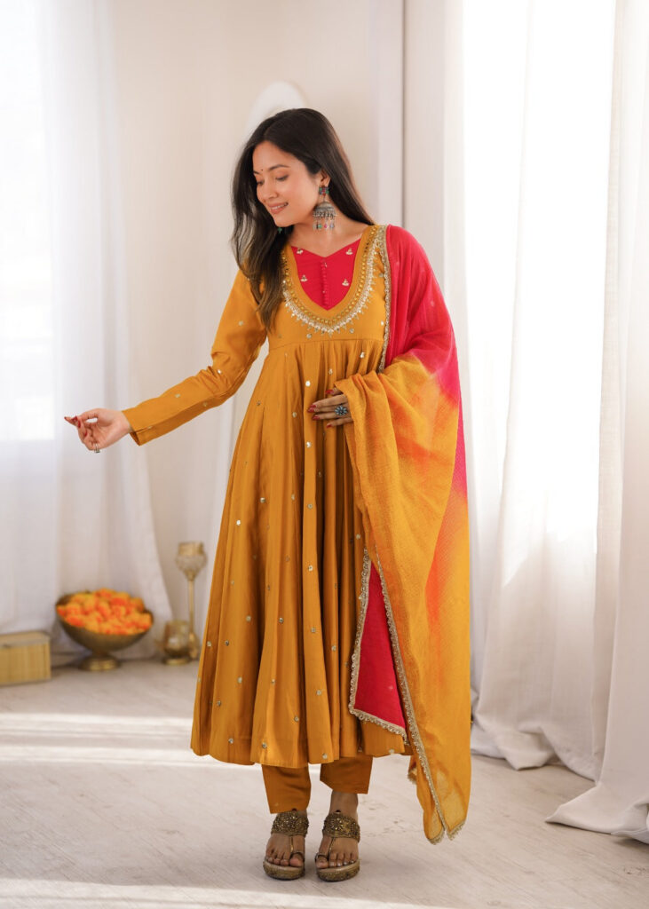 Mustard Yellow Embroidered Anarkali Pant Set