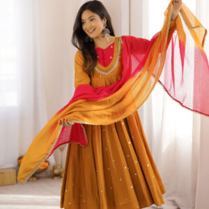 Mustard Yellow Embroidered Anarkali Pant Set