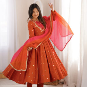 Rust Orange Embroidered Anarkali Pant Set With Dupatta