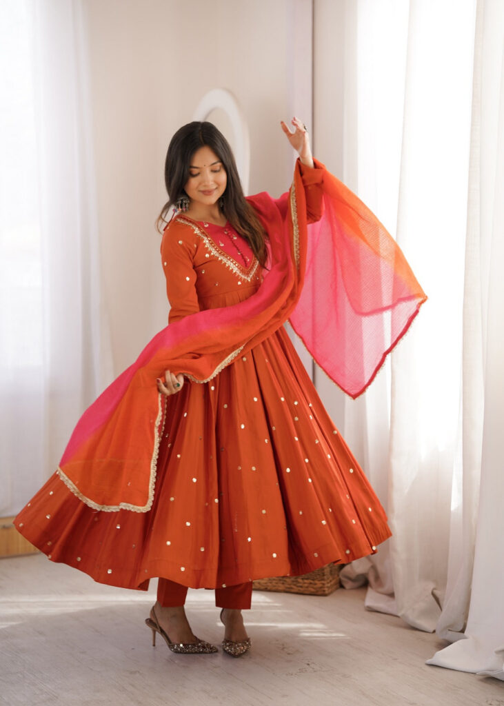 Rust Orange Embroidered Anarkali Pant Set With Dupatta