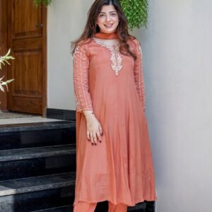 Rust Orange Floral Embroidered Kurta Pant & Dupatta Set