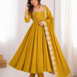 Elegant yellow Embroidered Anarkali Suit Set