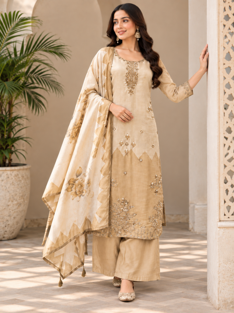 Beige Gold Beads & Sequin Work Kurti Set