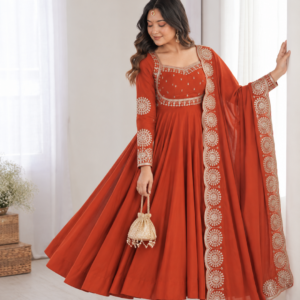 Elegant Orange Embroidered Anarkali Suit Set