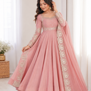 Elegant Dusty Rose Pink Embroidered Anarkali Suit Set
