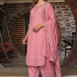 Pastel Pink Floral Embroidered 3-Piece Suit Set