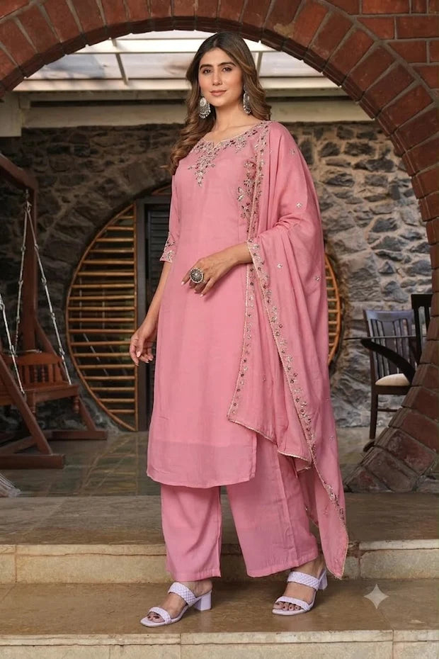 Pastel Pink Floral Embroidered 3-Piece Suit Set