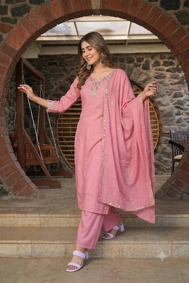 Pastel Pink Floral Embroidered 3-Piece Suit Set