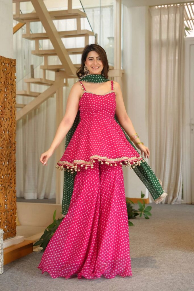 Rani Pink Bandhani Print Sharara Suit Set