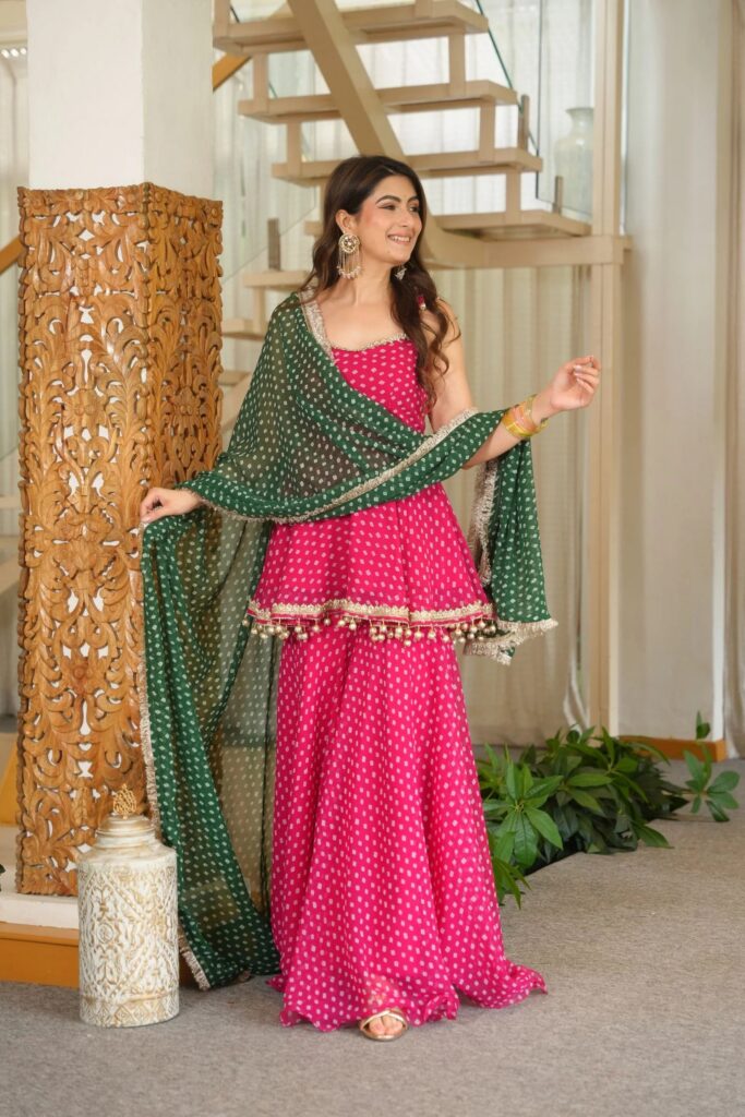 Rani Pink Bandhani Print Sharara Suit Set