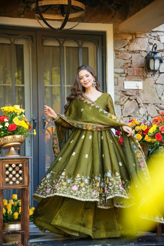 Olive Sage Botanical Embellished Crunchy Silk Anarkali Suit Ensemble