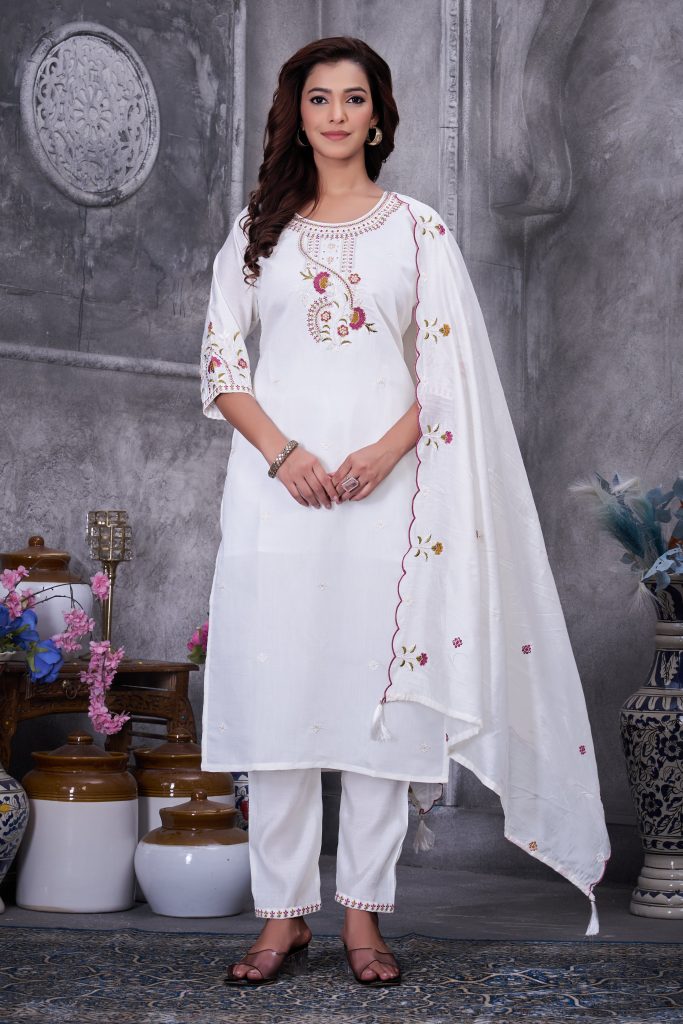Pearl White Roman Silk Kurti & Pant Ensemble