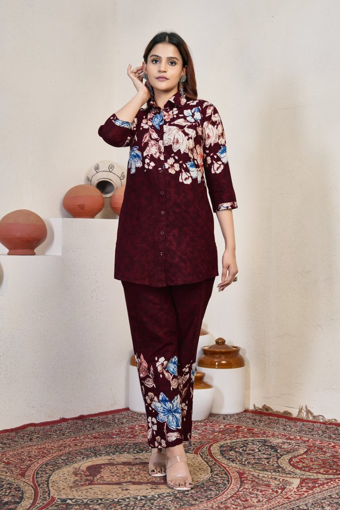 Wine Plum Pure Cotton Patterned Co-Ord Ensemble