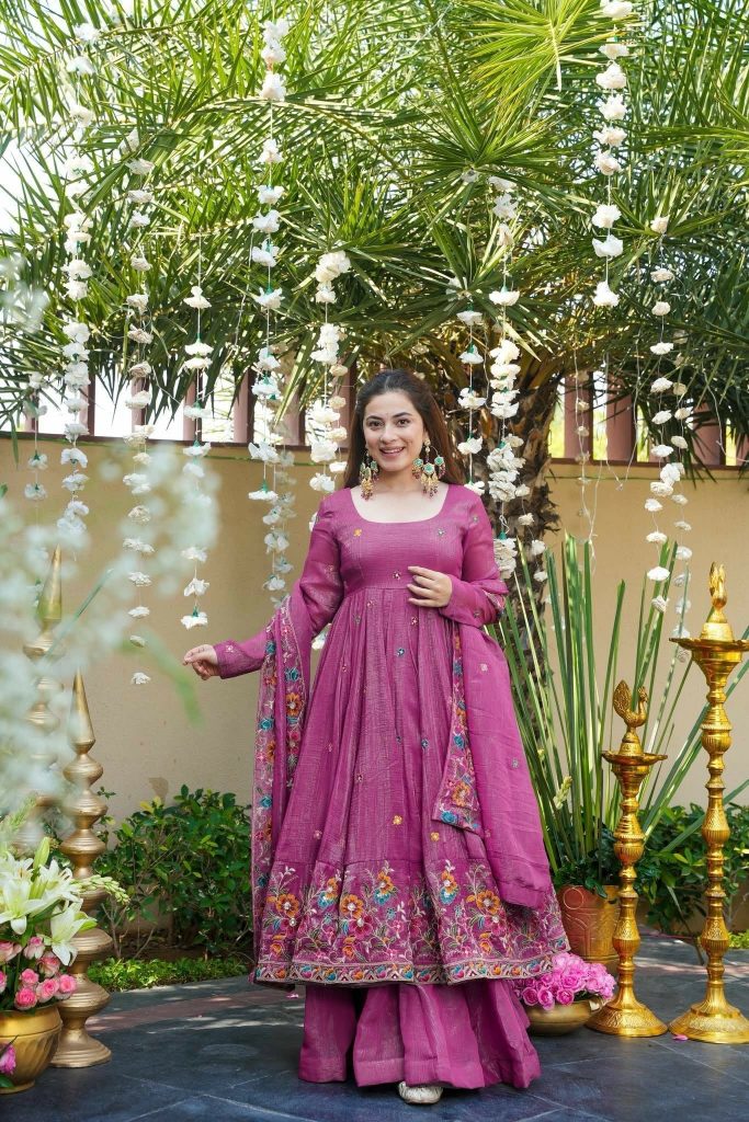 Magenta Pink Botanical Crunchy Silk Anarkali Suit Ensemble