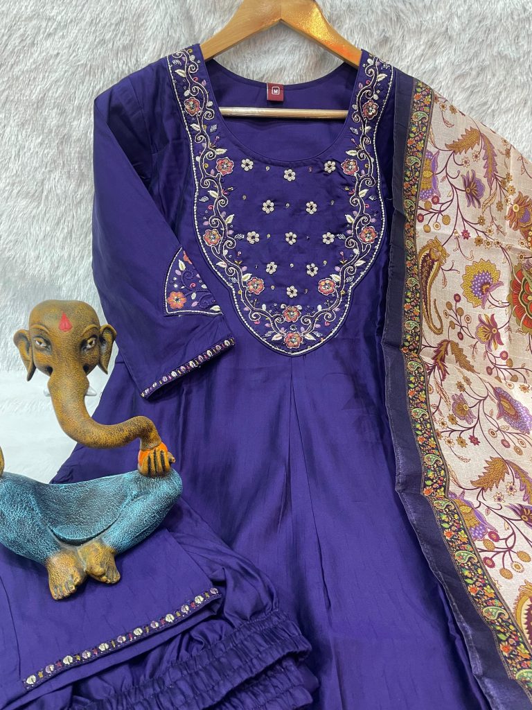 Graceful Navy Blue Luxe Marina Silk Embellished Kurti, Pant & Dupatta Ensemble