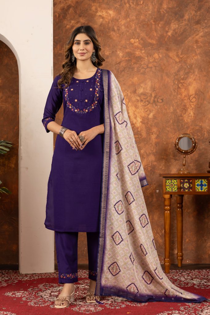 Royal Purple Marina Silk Multi Embellished Suit Ensemble