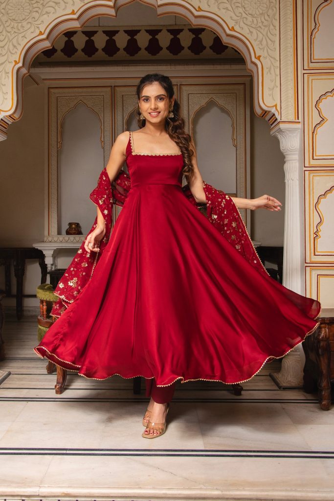 Red Satin Anarkali Suit Ensemble with Embellished Georgette Dupatta