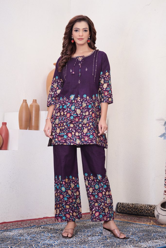 Graceful Wine Botanical Patterned Pure Cotton Co-Ord Ensemble