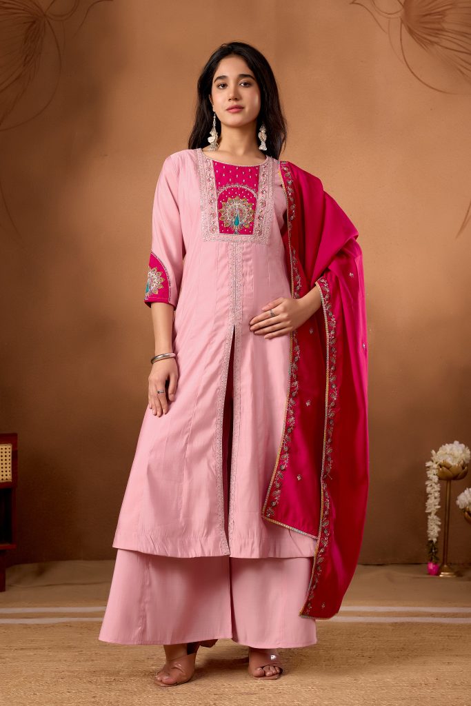 Graceful Pink Roman Silk Kurti Ensemble