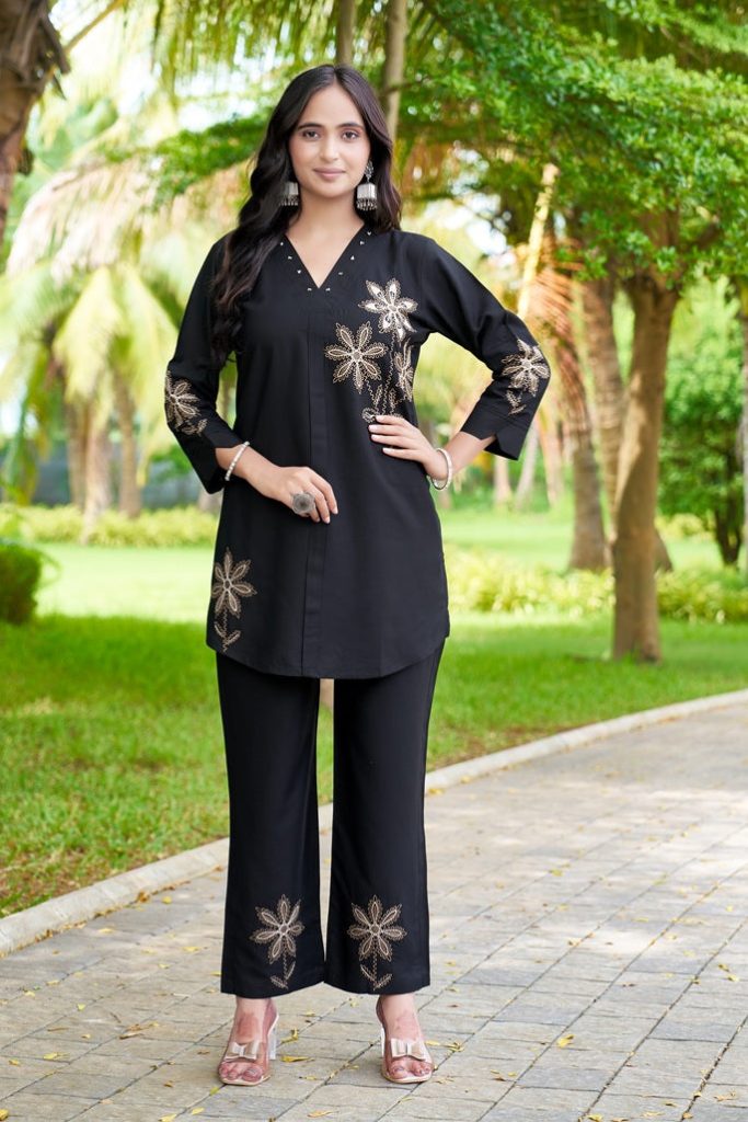 Timeless Black Heavy Rayon Embellished Co-Ord Ensemble