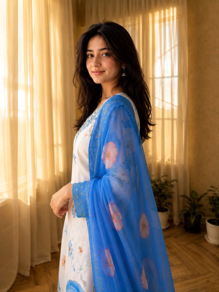 Soft Cotton Sky Blue Botanical Pattern Suit Ensemble