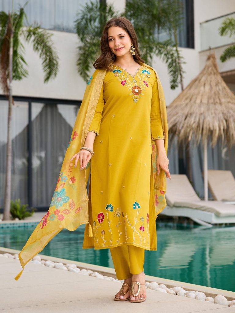 Golden Mustard Botanical Embellished Suit Ensemble