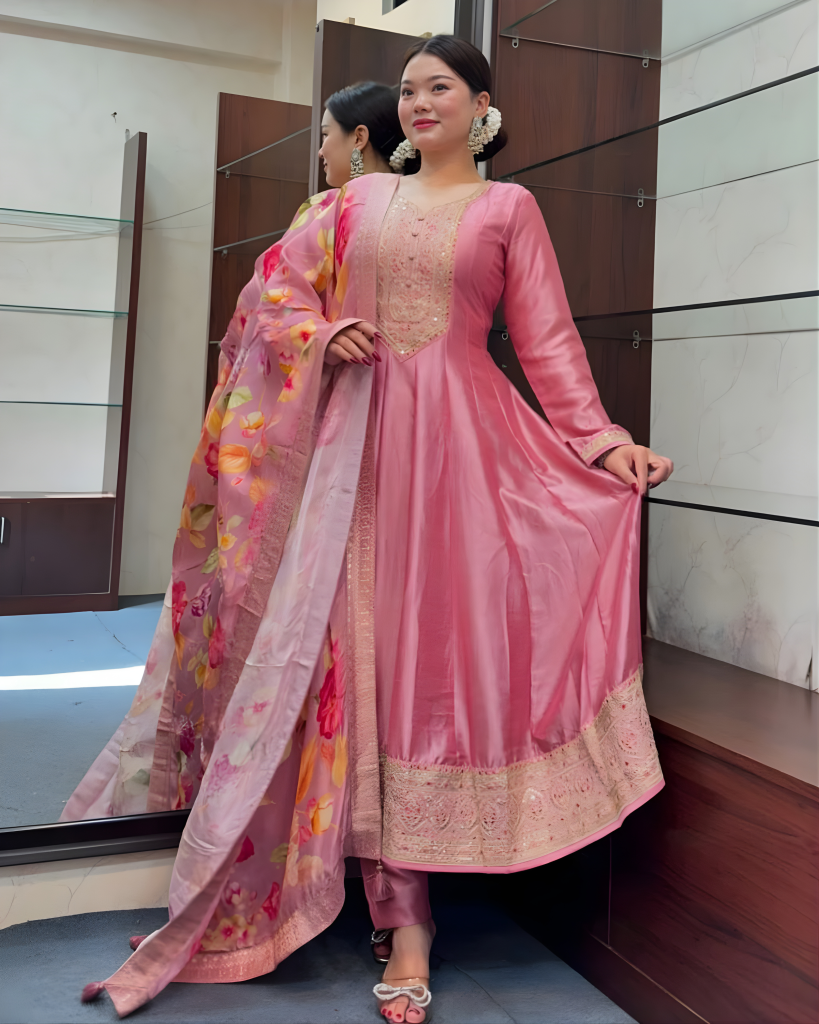 Blush Pink Anarkali Kurti, Pant & Dupatta Ensemble