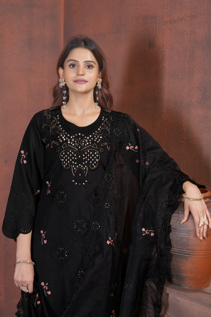 Midnight Black Heavy Viscose Roman Silk Embellished Kurti, Pant & Dupatta Ensemble