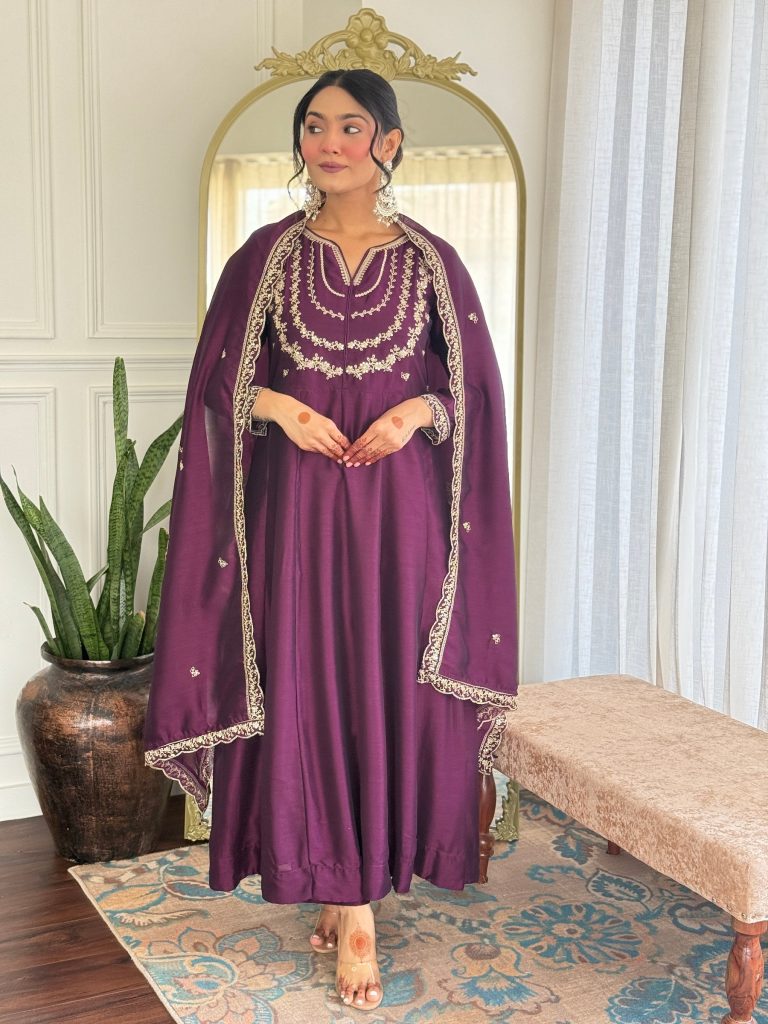 Wine Embellished Anarkali Suit Ensemble