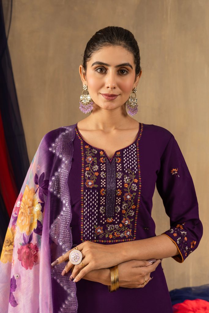 Royal Purple Roman Silk Multi Embellished Suit Ensemble – Edition 2