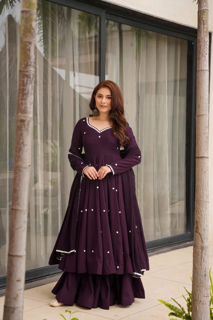 Wine Rayon Designer Embellished Anarkali Suit Ensemble