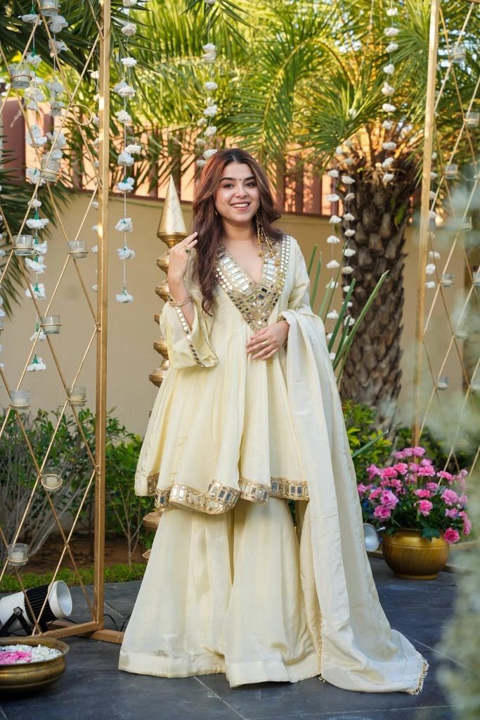 Ivory Mirror Work Star Georgette Sharara Suit Ensemble