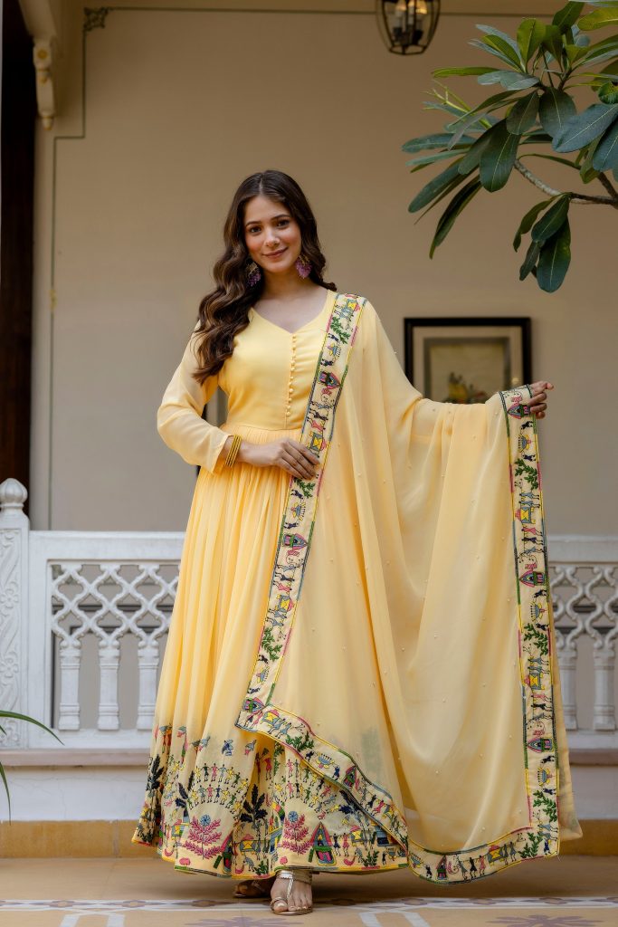 Sunlit Marigold Embellished Faux Georgette Anarkali Set