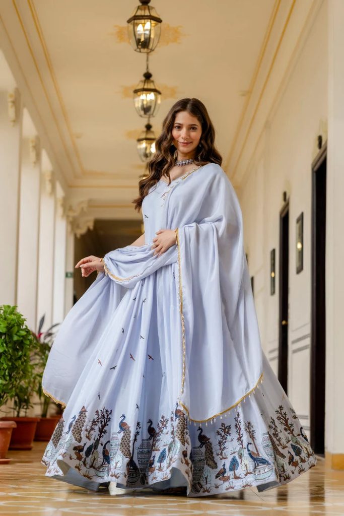 Sky Celeste Chinon Embellished Suit Ensemble