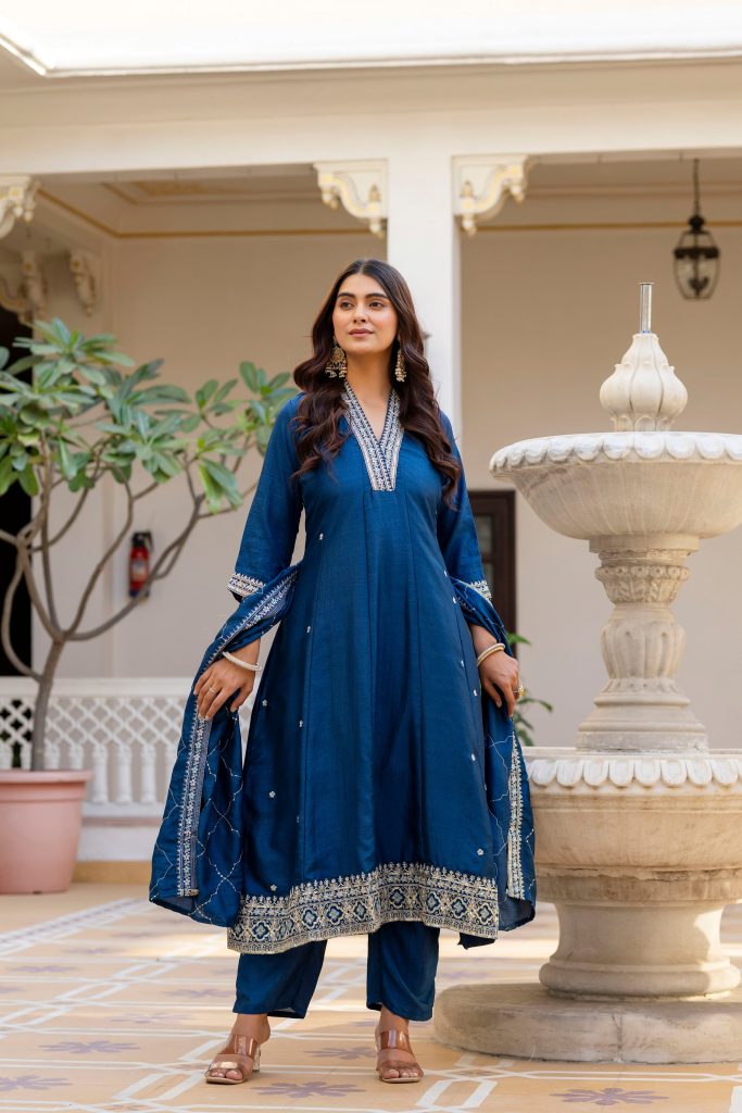 Deep Navy Vichitra Silk Embellished Anarkali Suit Ensemble