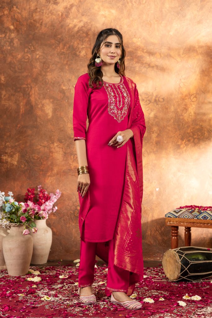 Pink Marina Silk Multi Embellished Suit Ensemble