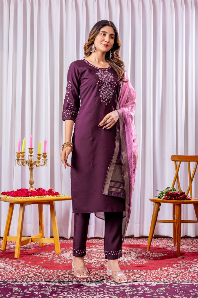 Graceful Wine Viscose Silk Embellished Kurta Ensemble