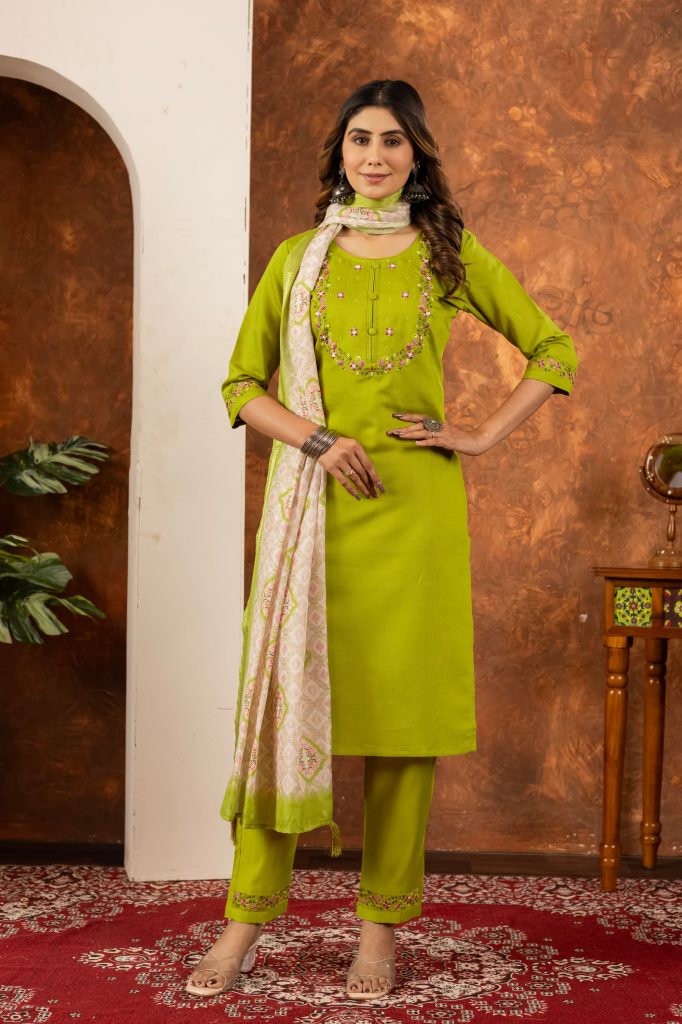 Parrot Green Marina Silk Multi Embellished Suit Ensemble – Edition 2