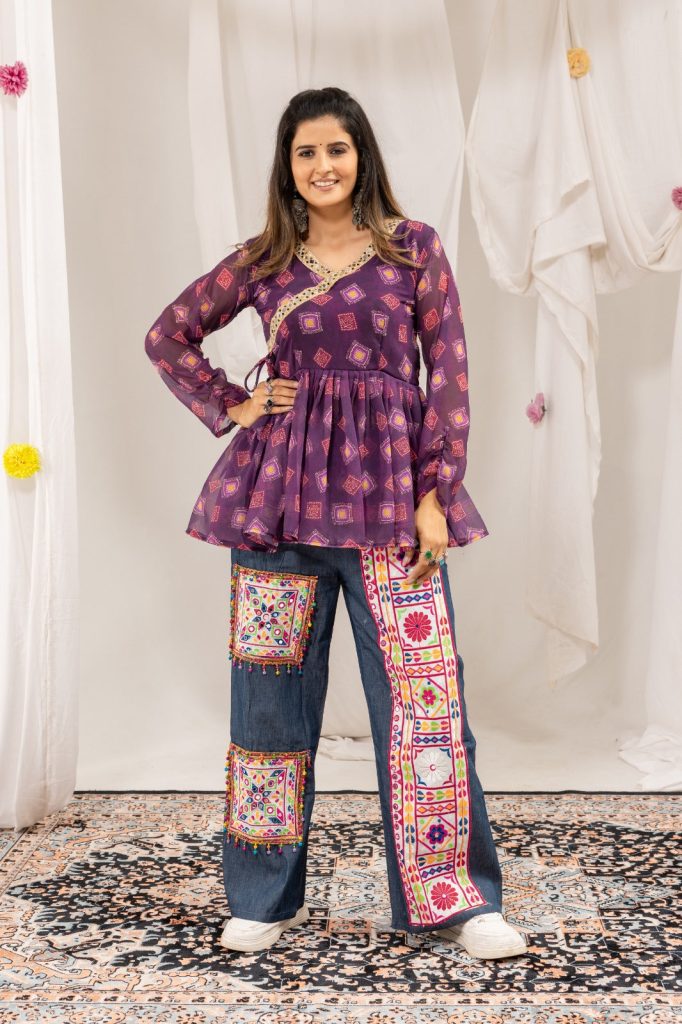 Royal Purple Mirror Royale Kediya With Denim Set