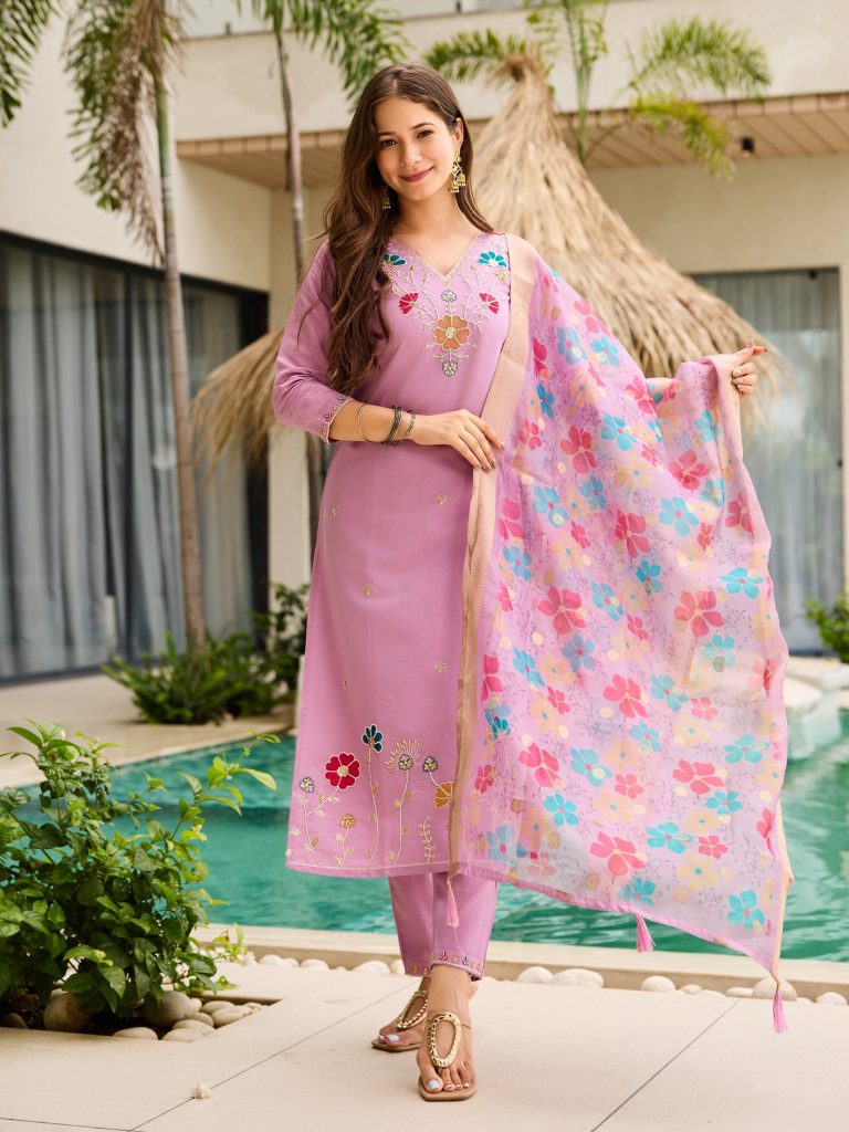 Pink Botanical Embellished Suit Ensemble