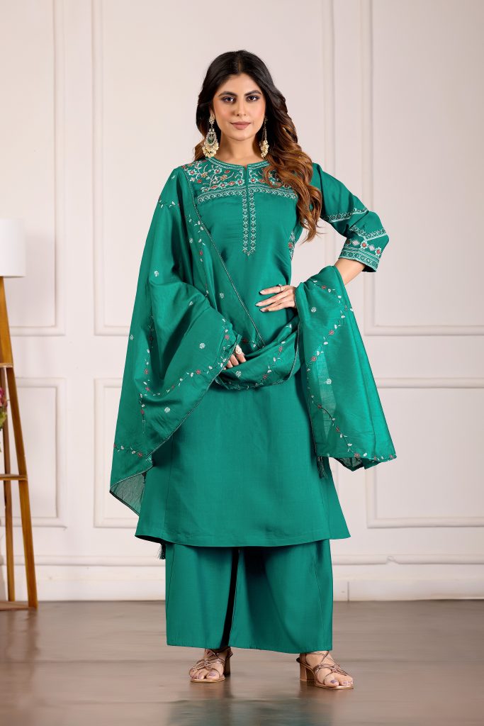 Rama Green Viscose Mango Silk Anarkali Kurti Ensemble