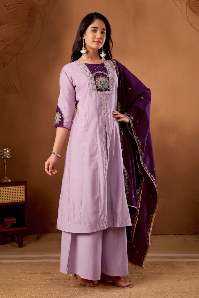 Graceful Light Lovender Roman Silk Kurti Ensemble