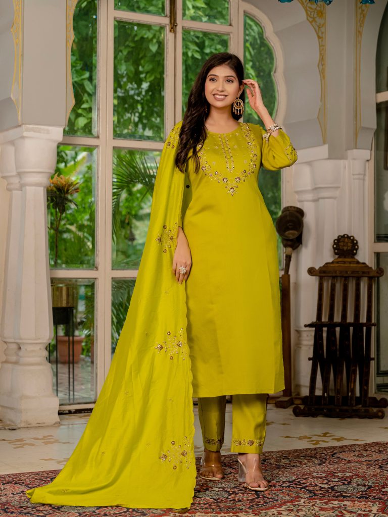Golden Mustard Marina Silk Multi Embellished Suit Ensemble