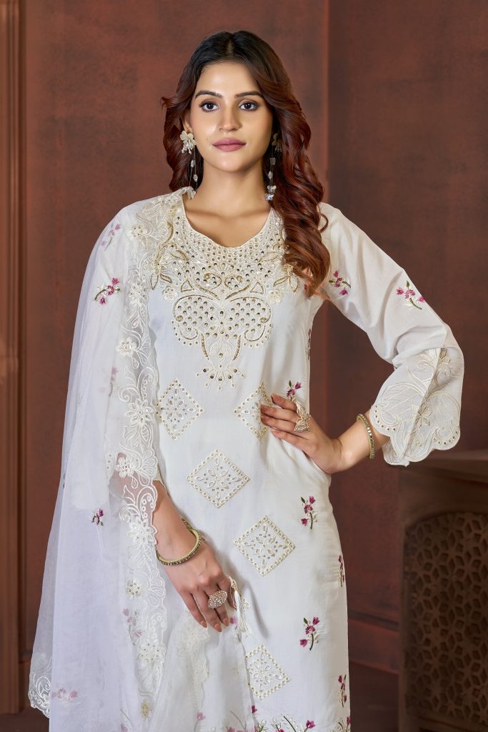 Pearl White Heavy Viscose Roman Silk Embellished Kurti, Pant & Dupatta Ensemble